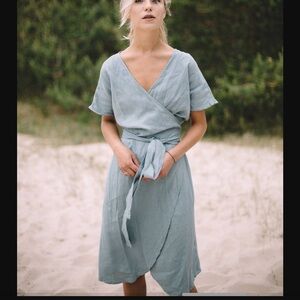 Linenfox Mimosa Wrap Midi Dress in Sea Green, size S-M